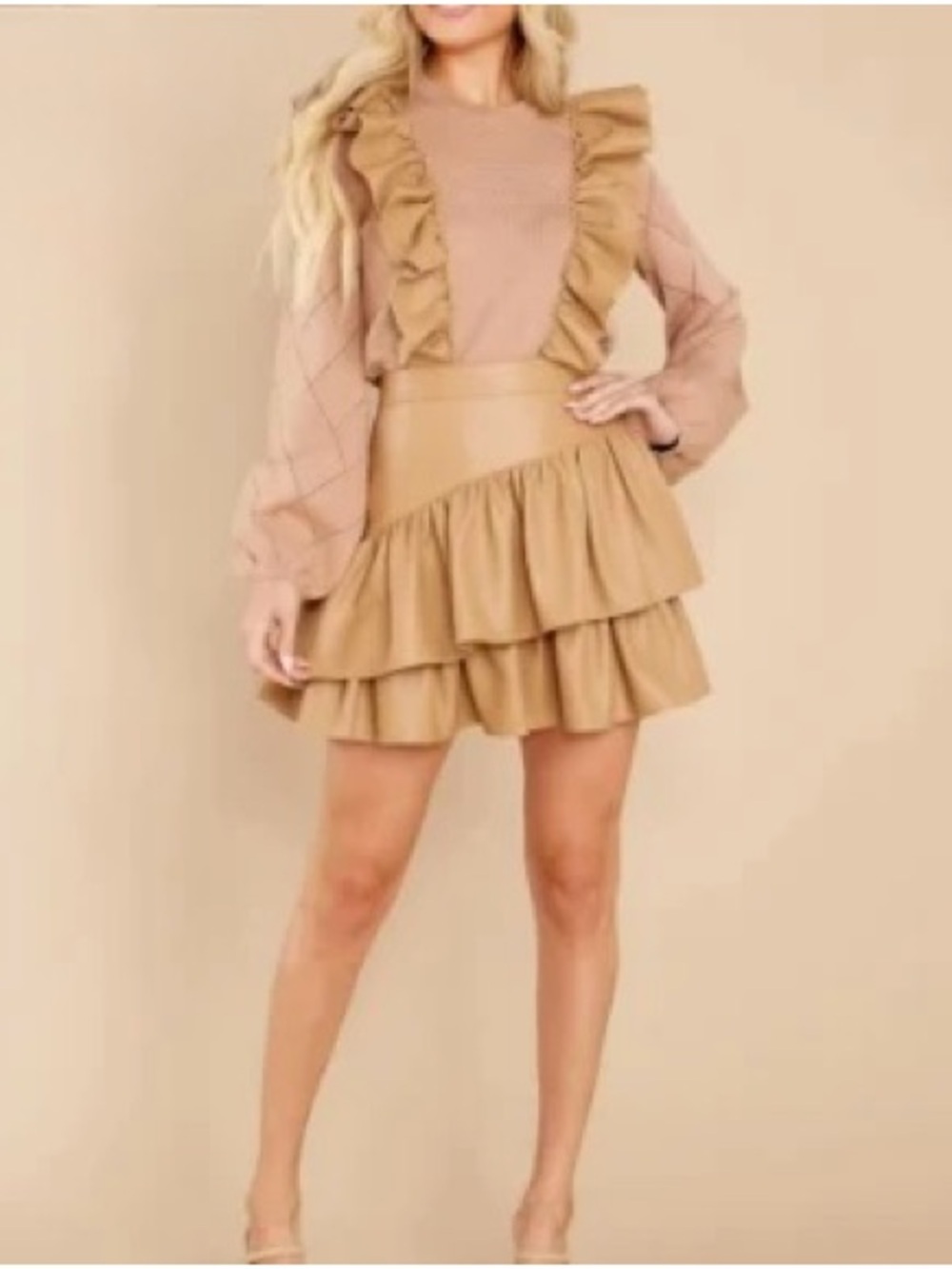 Emily McCarthy Camel Faux Leather Tiered Ruffle Mini Skirt XS High Waist